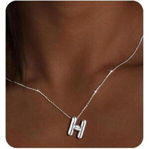 Silver Initial Pendant Necklace – Personalized Letter “H” Trendy Stuffed Bubble